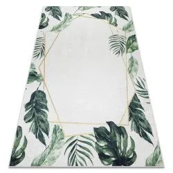 ANDRE 1168 washing carpet Monstera leaves, geometric anti-slip - white / green