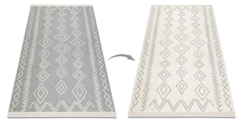 Dywan TWIN 23000 Boho, bawełna, dwustronny, romby Ekologiczny frędzle - szary / krem