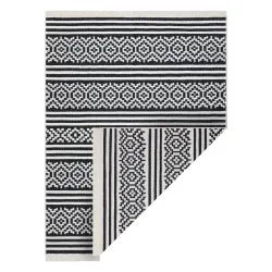 Carpet TWIN 22996 geometric, stripes cotton, double-sided, Ecological fringes - black / cream