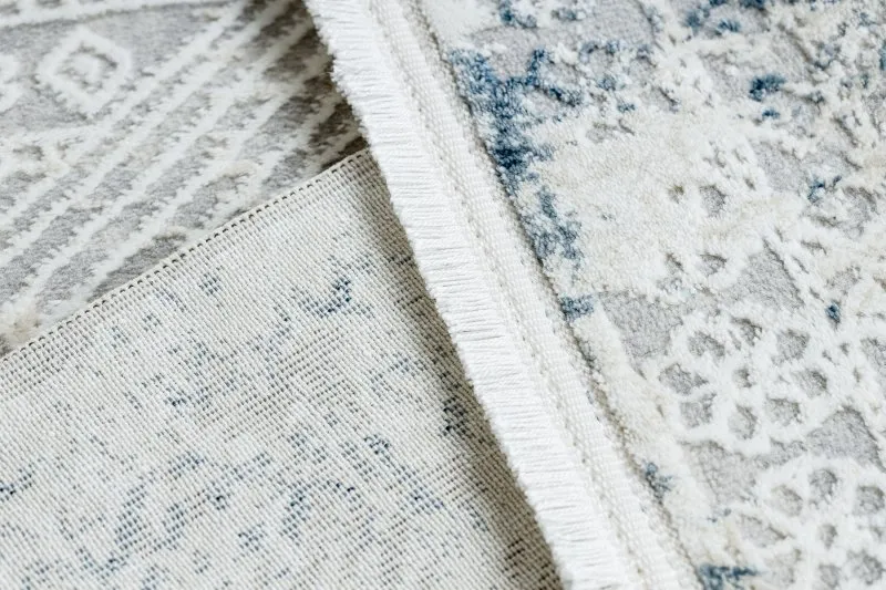 Dywan DUKE 51558 krem / niebieski - Geometryczny vintage, strukturalny, bardzo miękki, frędzle