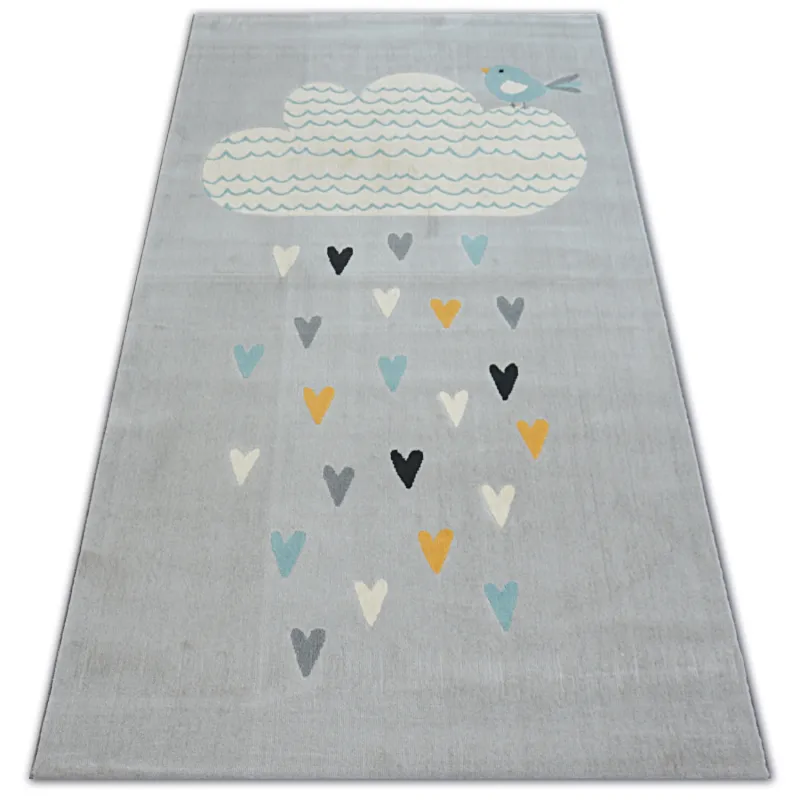 Modern rug in grey and turquoise with cloud and heart design