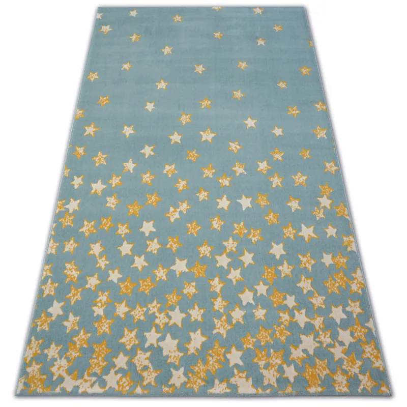 Star rug in turquoise with gold and cream colors, modern carpet design