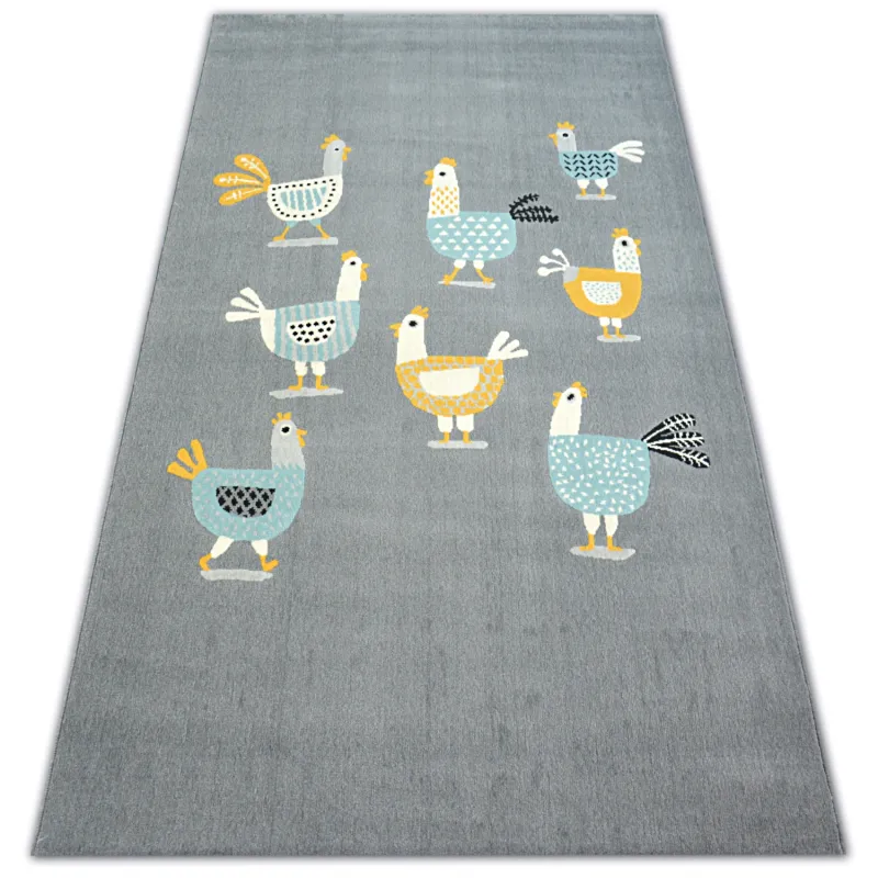 Modern rug in grey and turquoise featuring poultry design, ideal for stylish interiors