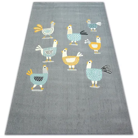 Modern rug in grey and turquoise featuring poultry design, ideal for stylish interiors
