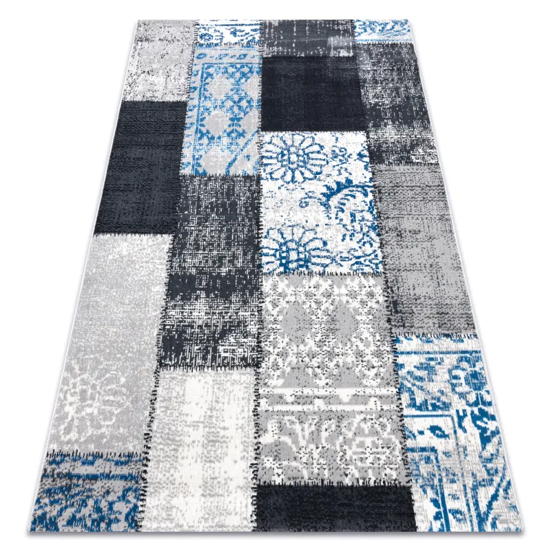 Vintage patchwork rug in grey and blue, classic carpet for living room