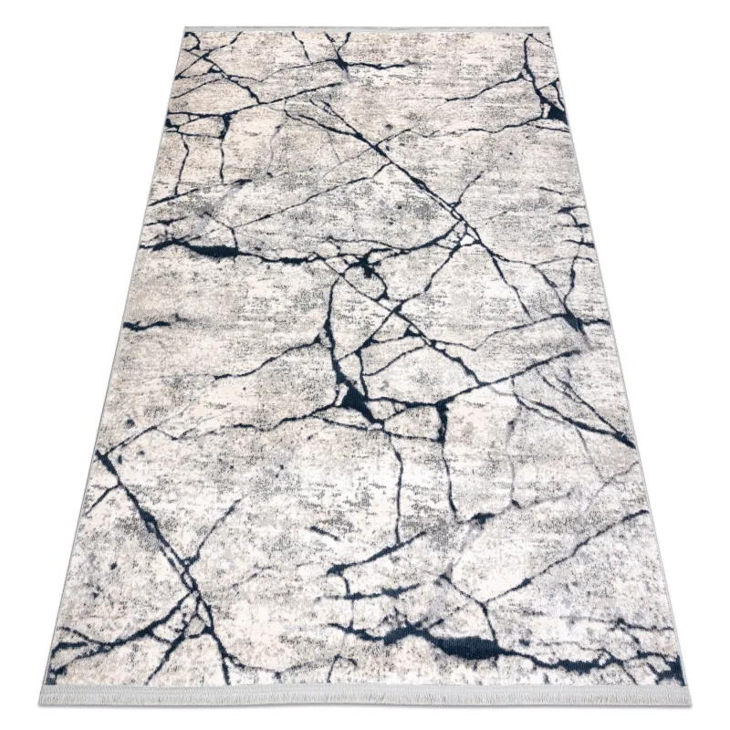 Modern REBEC rug with fringes in cream and navy blue, two pile levels for stylish decor
