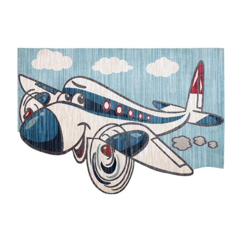 Kids Airplane Rug TOYS 75320 in navy and turquoise, modern design, irregular shape