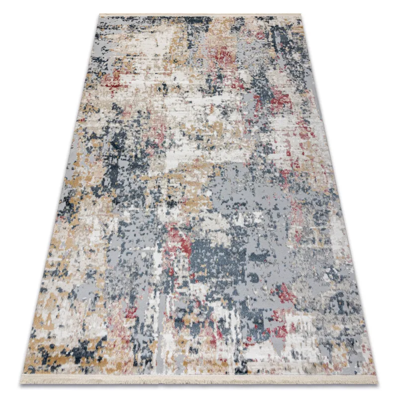 DISTIN Abstract Rug 0123A in pink and white, modern design with fringes
