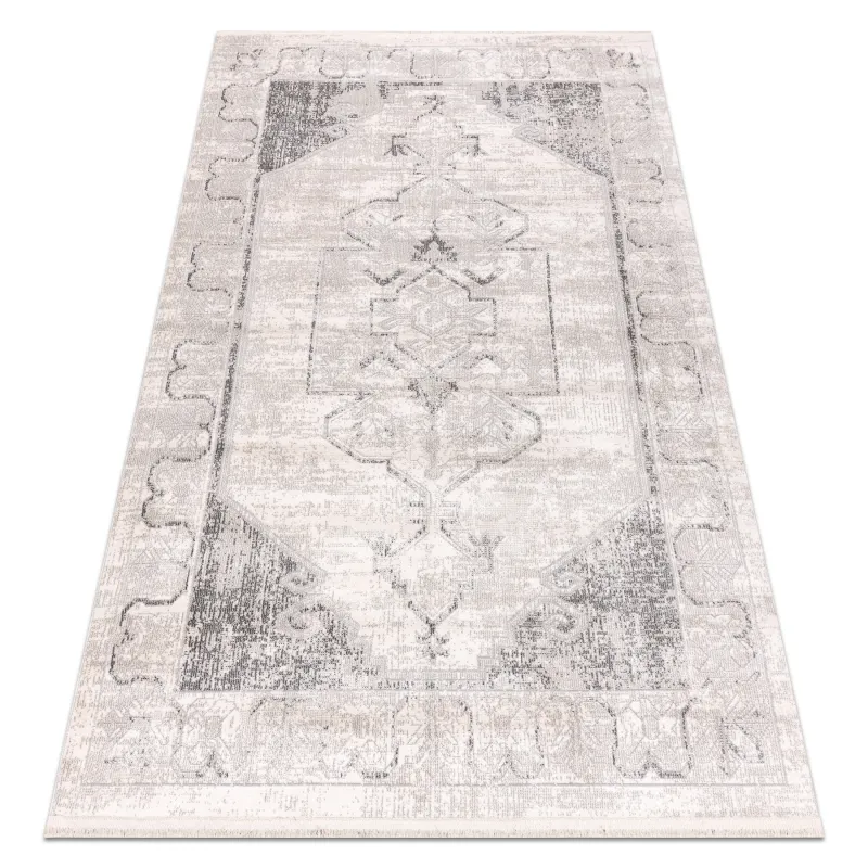 DISTIN 0107B modern ornamental rug in grey, light grey and white with fringes