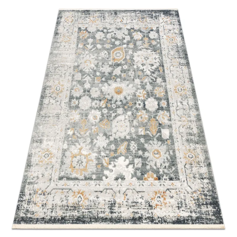 Modern grey rug with fringes, vintage style