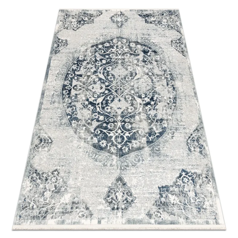 Modern blue ornament rug DISTIN 0820A with fringes