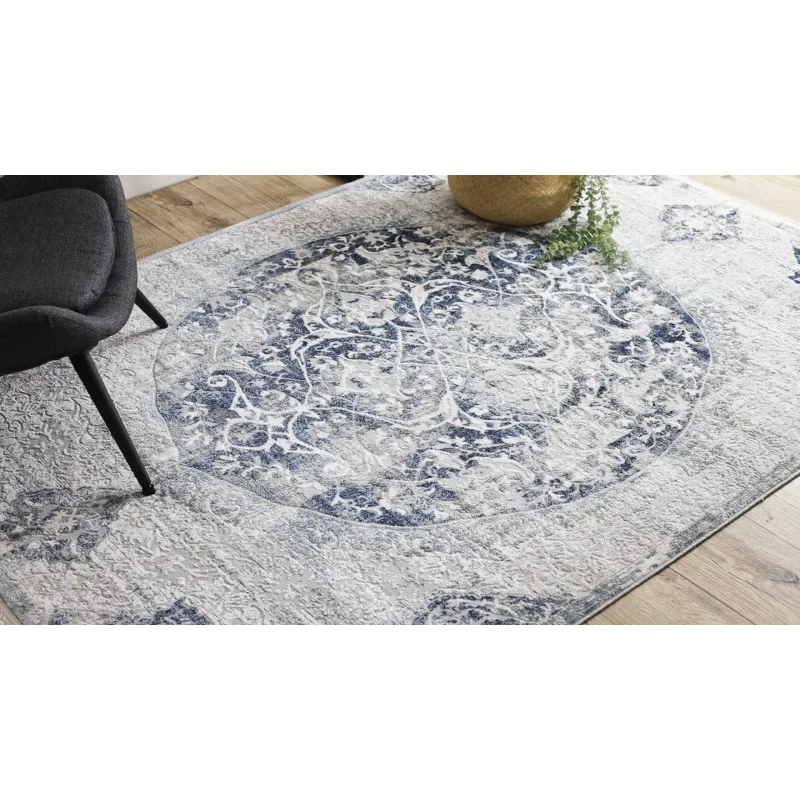 Navy blue vintage style rug DISTIN 0820A with ornamental design