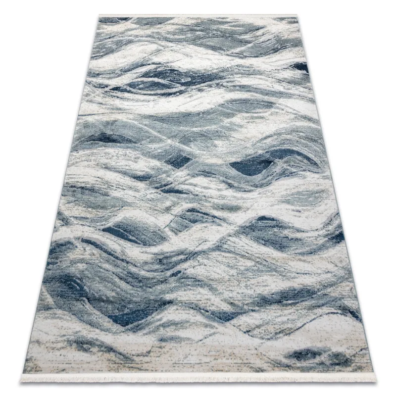 DISTIN 0849A modern rug in dark blue waves, vintage style with fringes