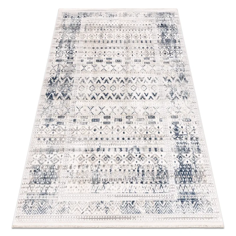 Dark blue rug with fringes, modern Boho style, classic carpet