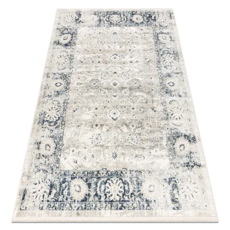 DISTIN 0843A modern rug in white, navy blue, and blue, featuring fringes