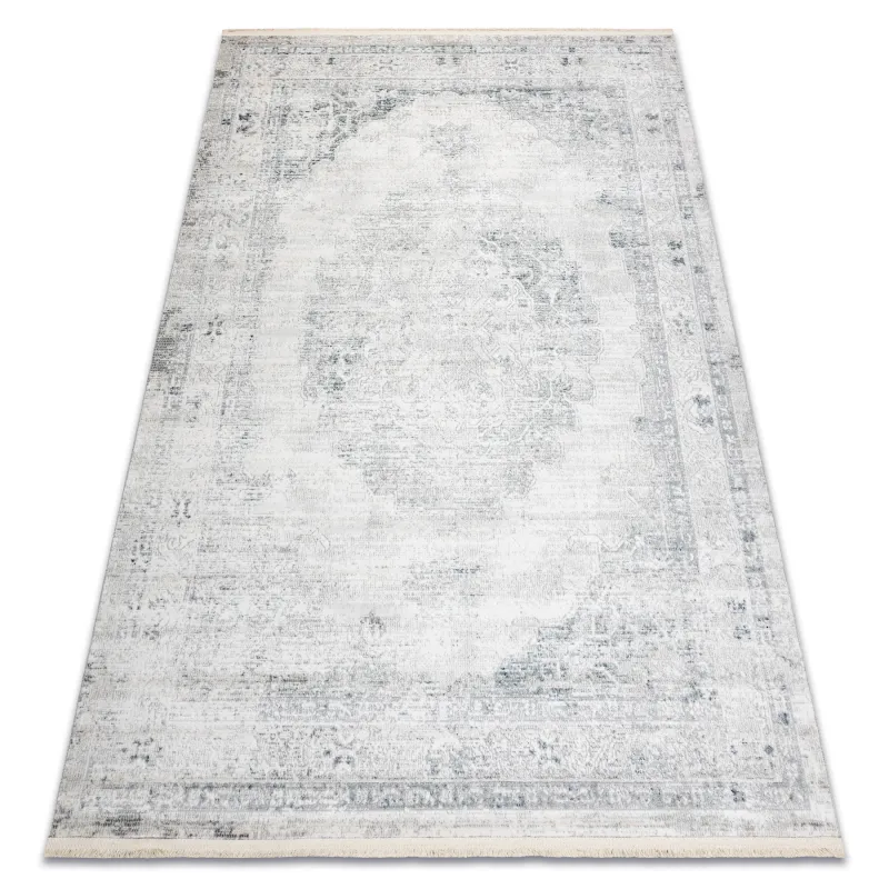 DISTIN 0201A white ornamental rug in modern design with blue and light green accents