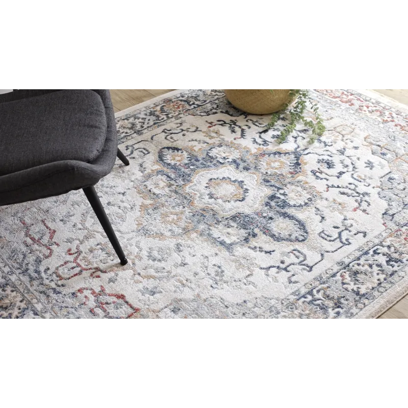 Stylish rug DISTIN 0834A in shades of blue and terracotta, modern design