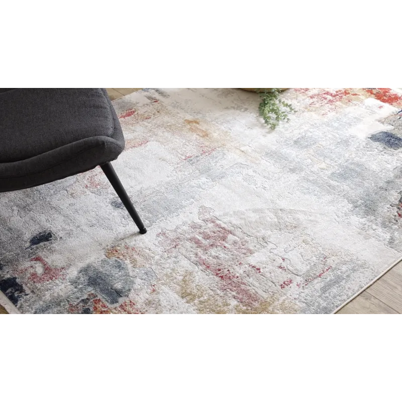 White and pink DISTIN 0144B rug, modern design with fringes