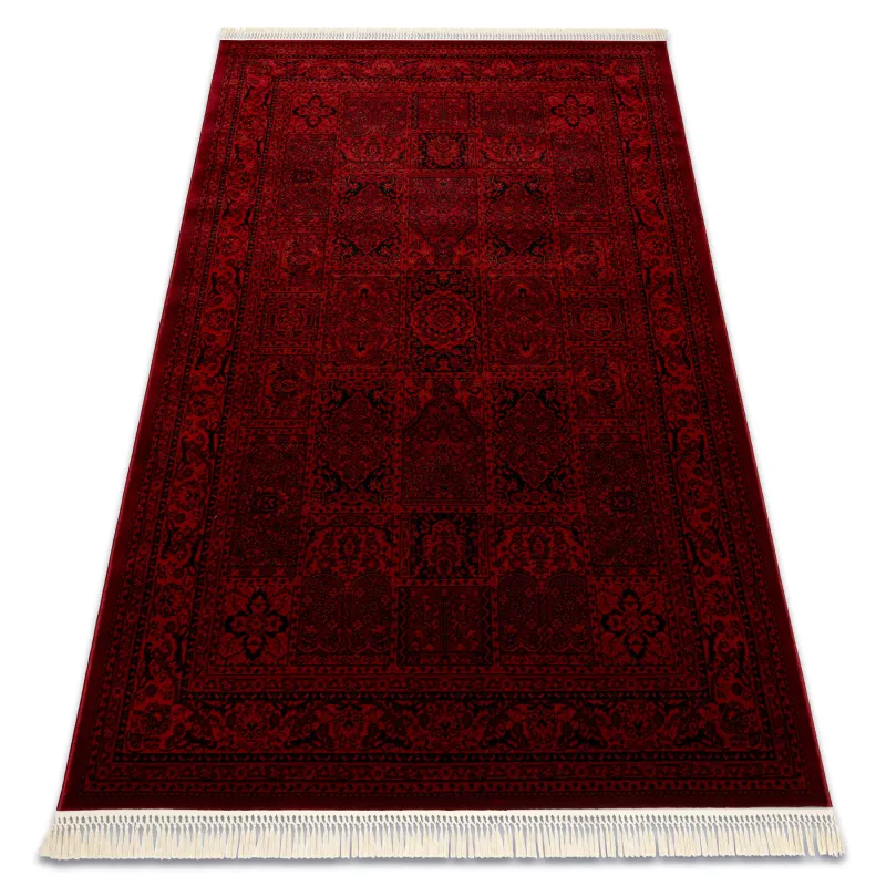 Burgundy oriental rug with fringes, classic design for elegant interiors
