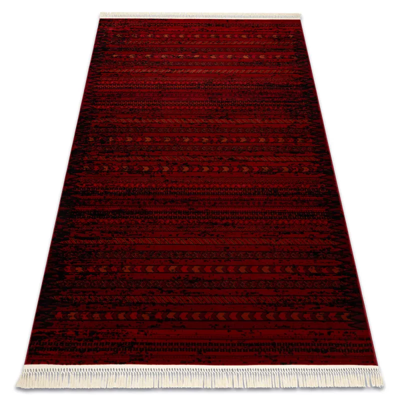 Burgundy and black striped geometric rug with fringes, classic design