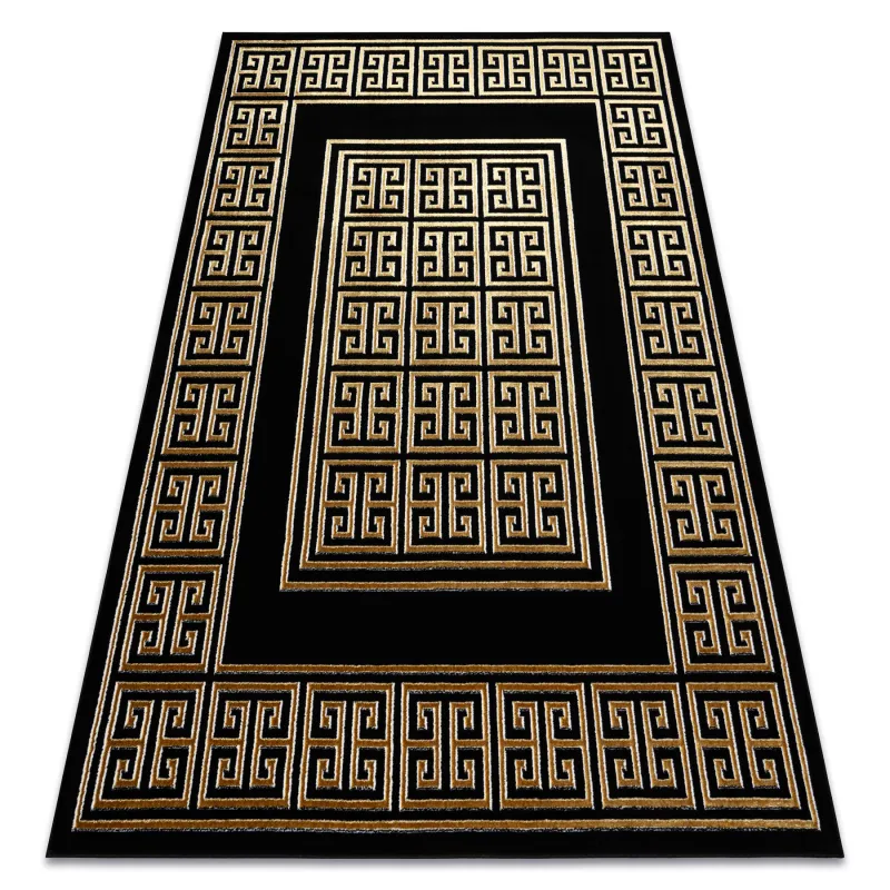 Glamorous black and gold modern rug with a stylish Greek key design