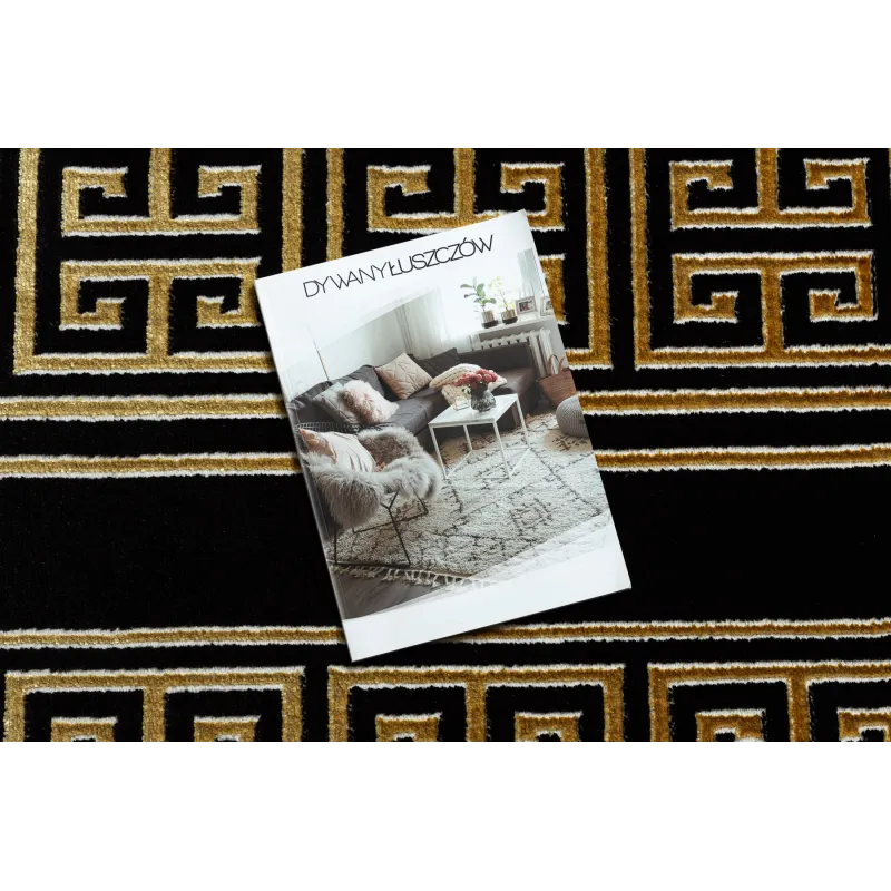 Stylish Greek key rug in black and gold, perfect for modern interiors