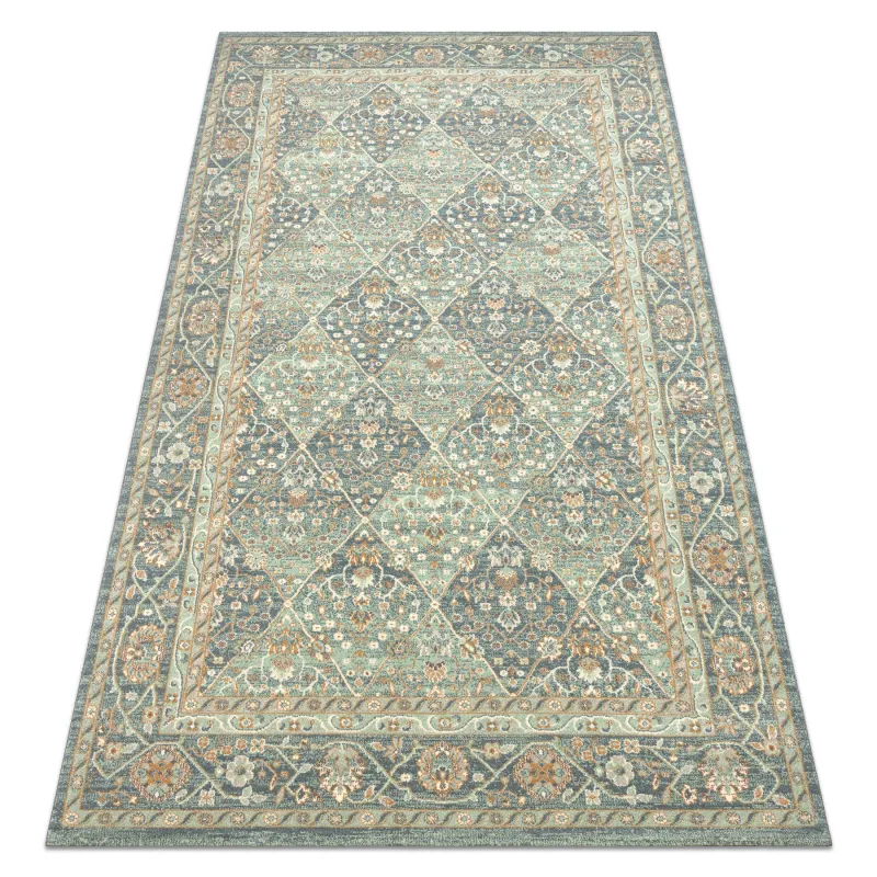 SOHO 477.27 wool rug featuring geometric diamond patterns in natural green and blue