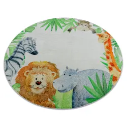 Washable rug BAMBINO 54090 round Animals, Africa for children, non-slip - white / green